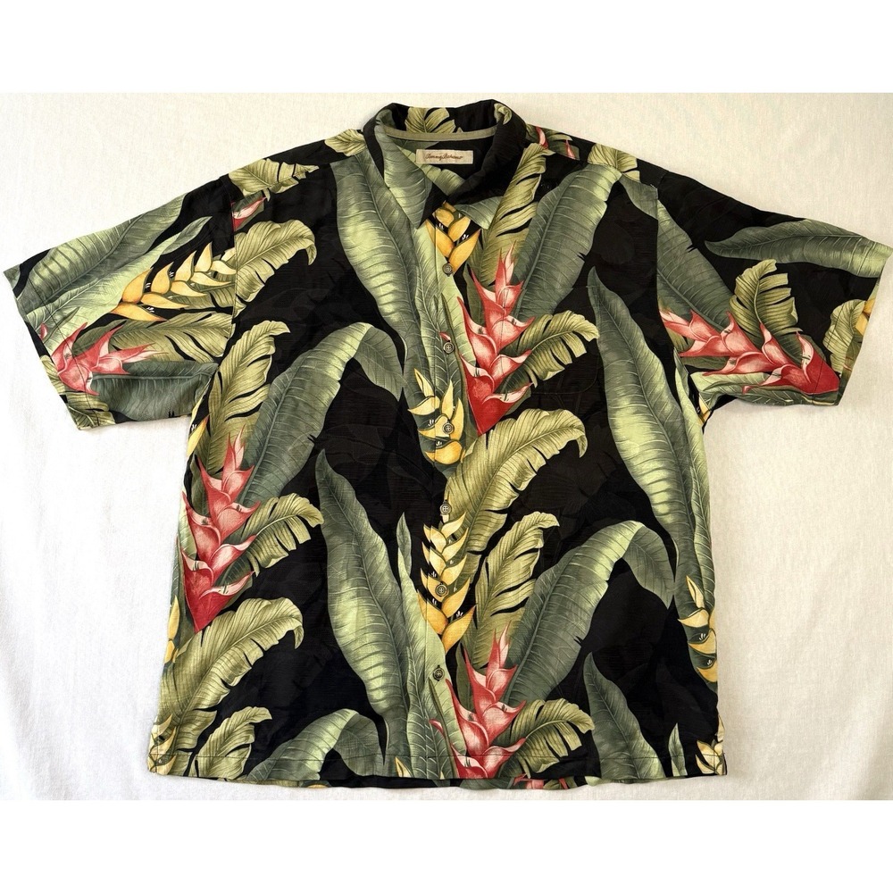 Tommy Bahama Hawaiian Silk Camp Shirt Men XL Tall Black Floral Tropical